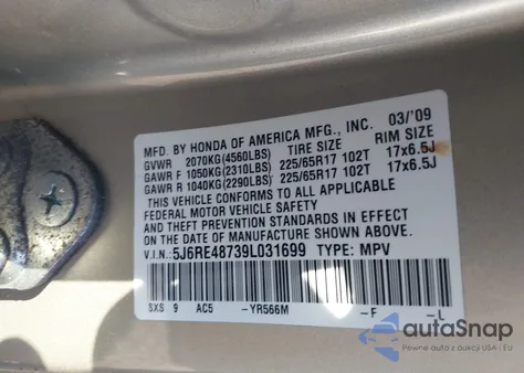 2009 Honda Cr-V Ex-L from USA, damaged, VIN 5J6RE48739L031699